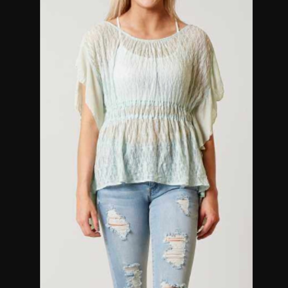 Free People June Sheer Lace Batwing Sleeve Smocked Top Mint Green
